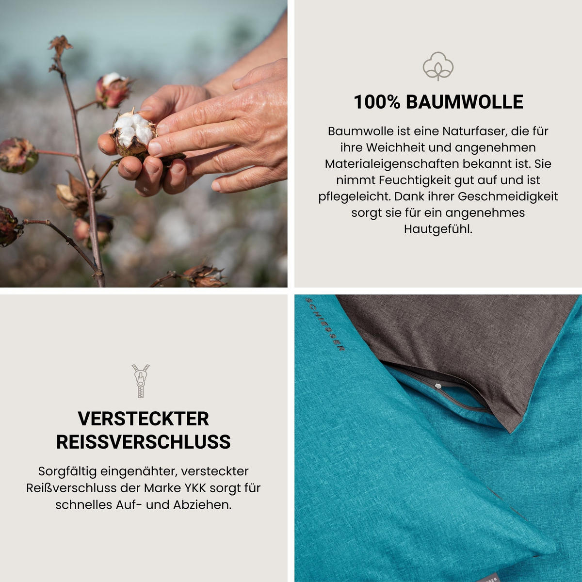 BETTWÄSCHESET Doubleface - Renforcé - 2-teilig - 155 x 220 cm - Türkis-Dunkelgrau - Türkis/Dunkelgrau, Textil (155/220cm) - SCHIESSER