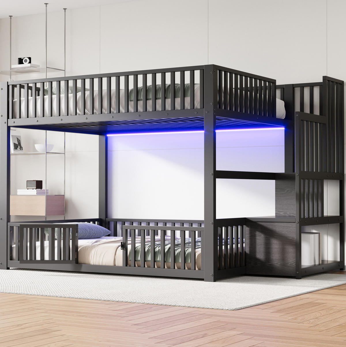 ETAGENBETT 140/200 cm aus Metall und MDF mit LED-Beleuchtung und Stauraumleiter, Schwarz - Schwarz, Holzwerkstoff (140/200cm) - Redom