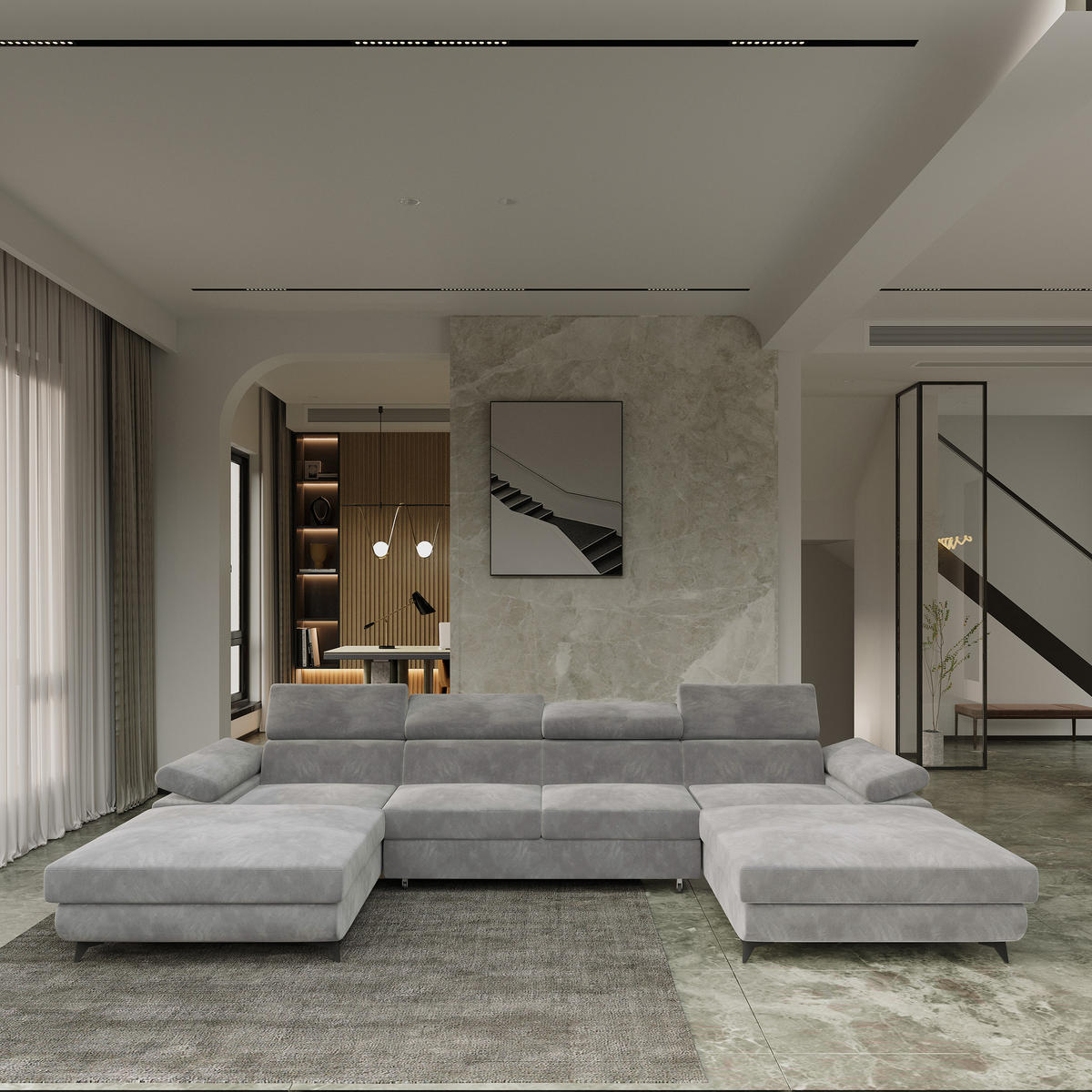 ROHOVÁ SEDAČKA DETTI světle šedá - černá/světle šedá, kov/dřevo (339/190cm) - MASSENO