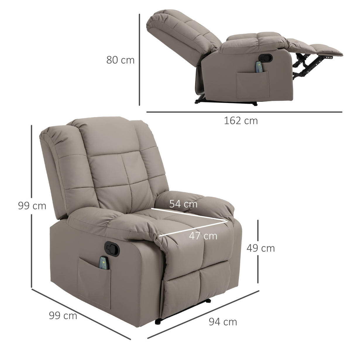 MASSAGESESSEL DE-15341 8 Vibrationpunkte mit Fernbedienung Grau - Grau, Leder (99/99/94cm) - ComfortXL