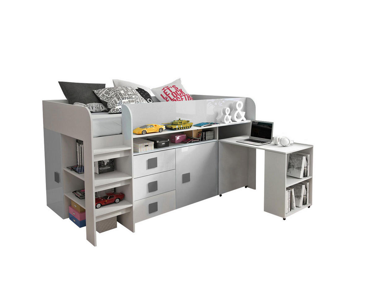 HOCHBETT Toledo weiß / weiß Hochglanz - Griffe grau 106 / 204 / 125cm - Weiß, Holz/Holzwerkstoff (90/200cm) - Feldmann-Wohnen