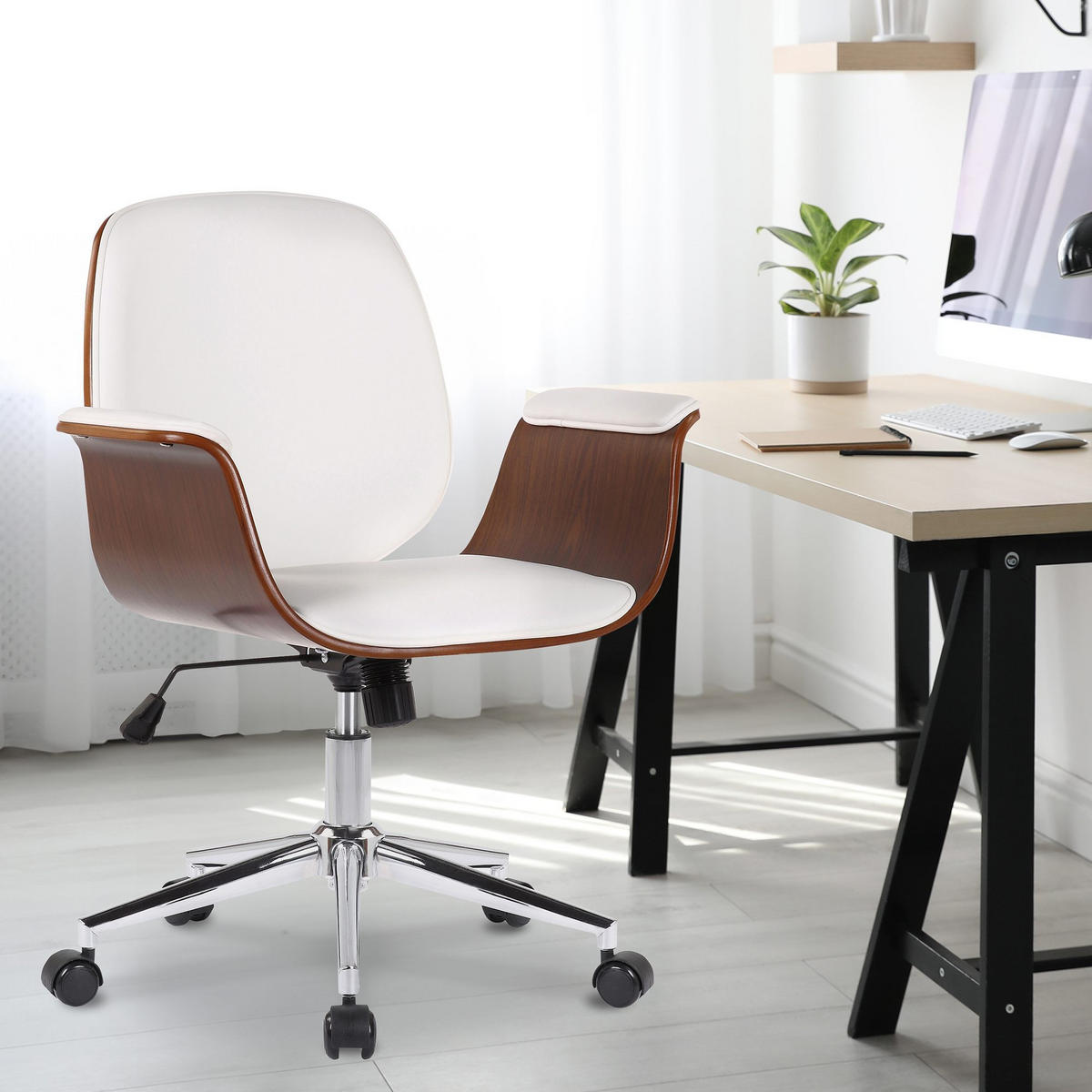 DREHSTUHL Holz walnuss/weiß - Chromfarben/Walnussfarben, Holz/Textil (69/82/62cm) - CLP