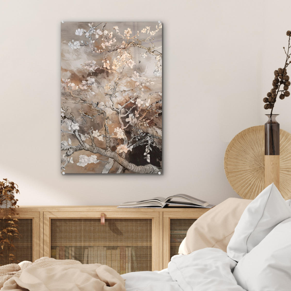 ACRYLGLASBILD Mandelblüte - Kunst - Van Gogh - Beige - Abstrakt 40x60 cm - Braun, Glas (40/60cm) - MuchoWow