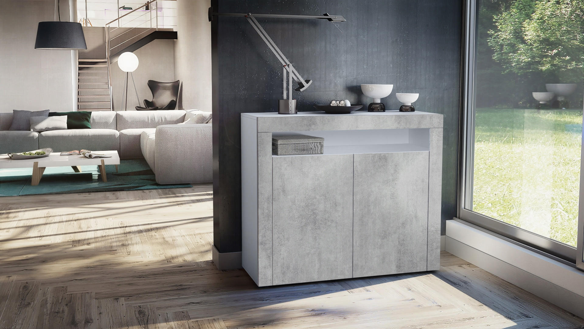 KOMMODE Valencia Beton Oxid Optik / Beton Oxid Optik - Hellgrau, Holzwerkstoff (108/92/40cm) - Vladon