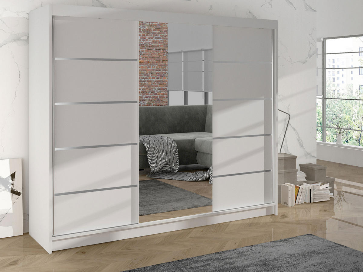 SCHWEBETÜRENSCHRANK Derby VI - Weiß, Holzwerkstoff/Metall (200/215/58cm) - MIRJAN24