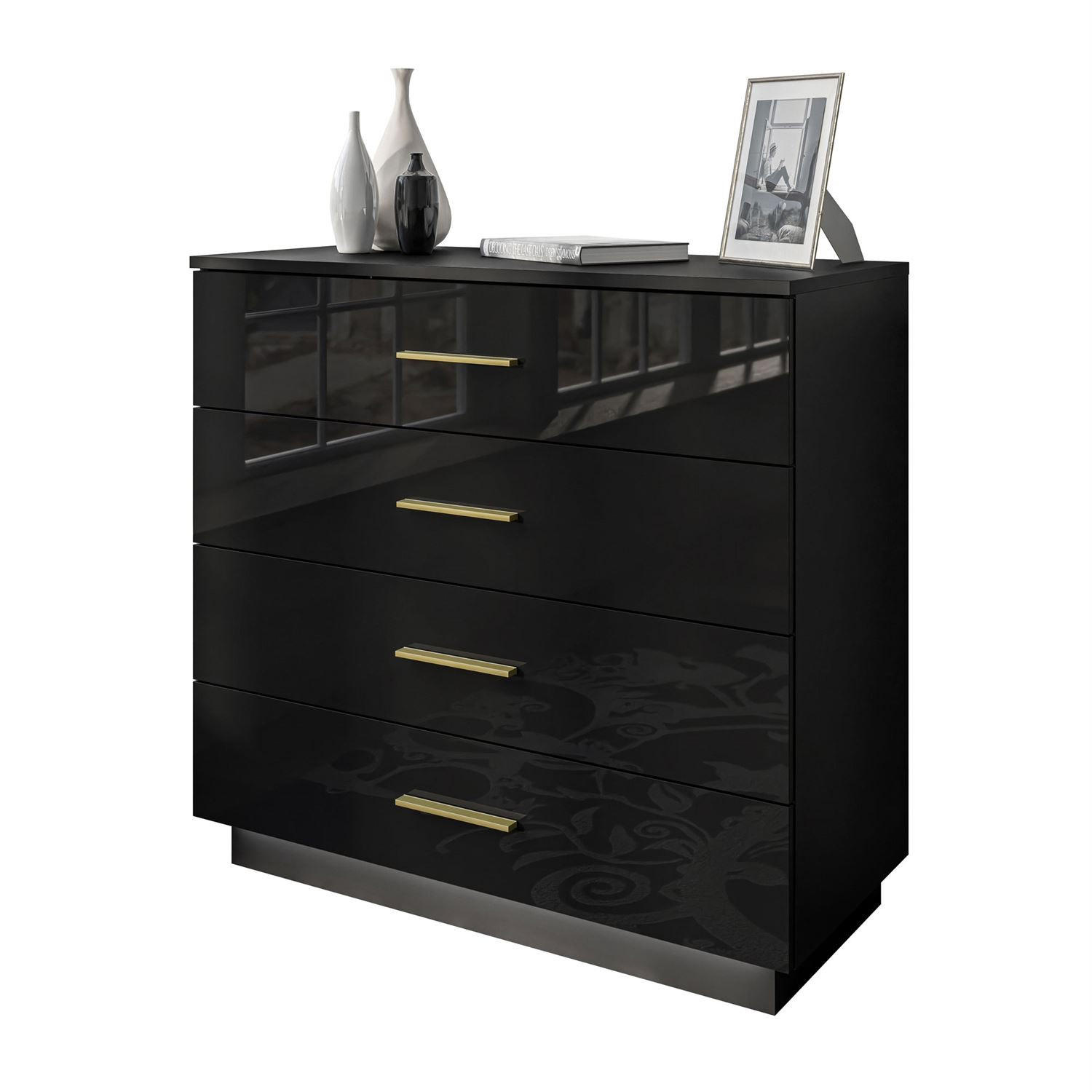 KOMMODE LINA 95 mit Griffen Schwarzer Glanz LED Griffe Gold - Goldfarben/Schwarz, Holzwerkstoff (95/84/40cm) - Lookway