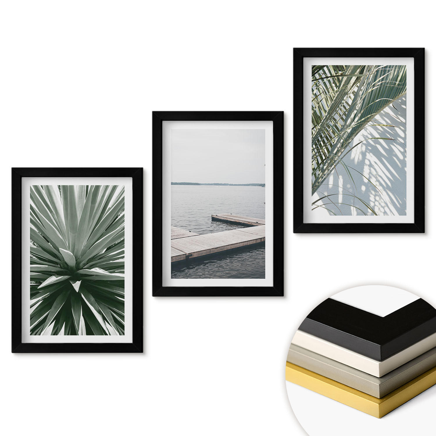 WANDBILDER 3er-Set - 20x30 cm Schwarzer Rahmen - Palmenblätter-Holzbrücke - Schwarz, Kunststoff (20/30cm) - ArtPrintCave