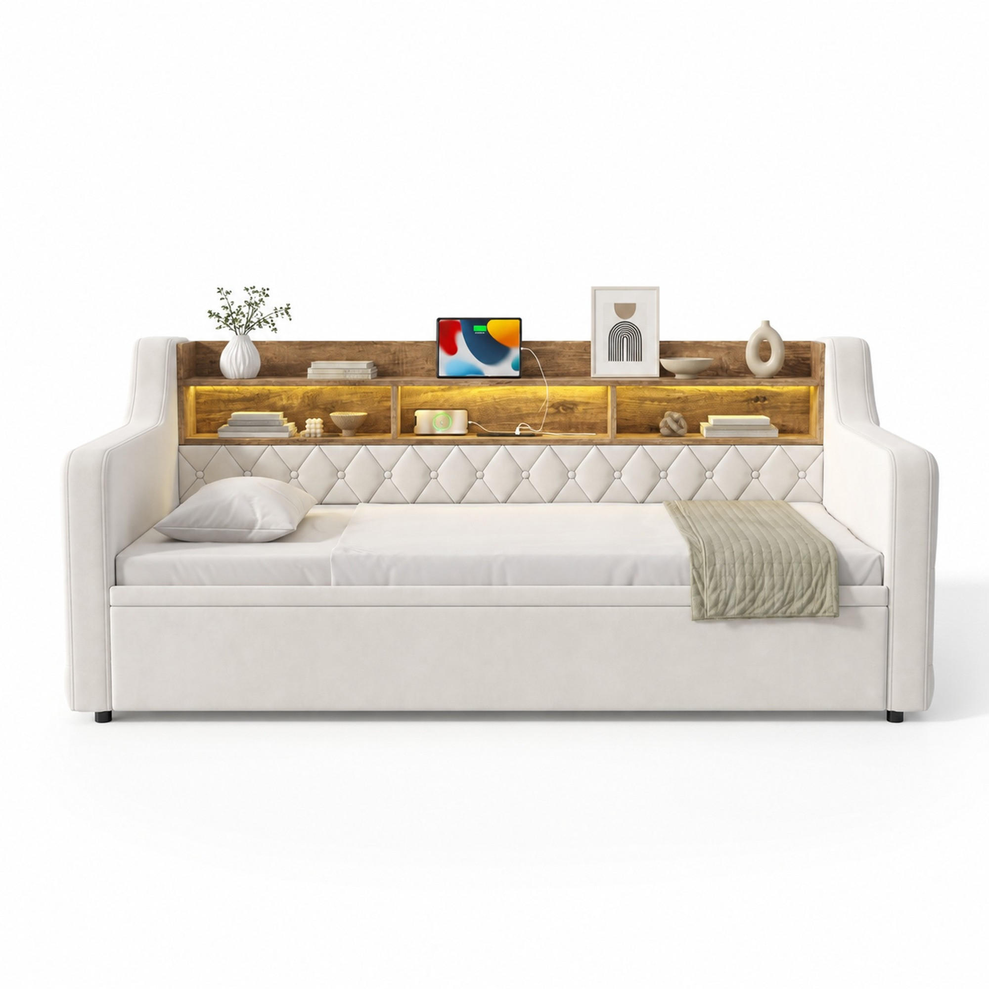 POLSTERBETT 90/190 mit Ausziehbett, LED und USB-Type-C in Beige - Beige, Holzwerkstoff/Textil (90/190cm) - EVRYAE