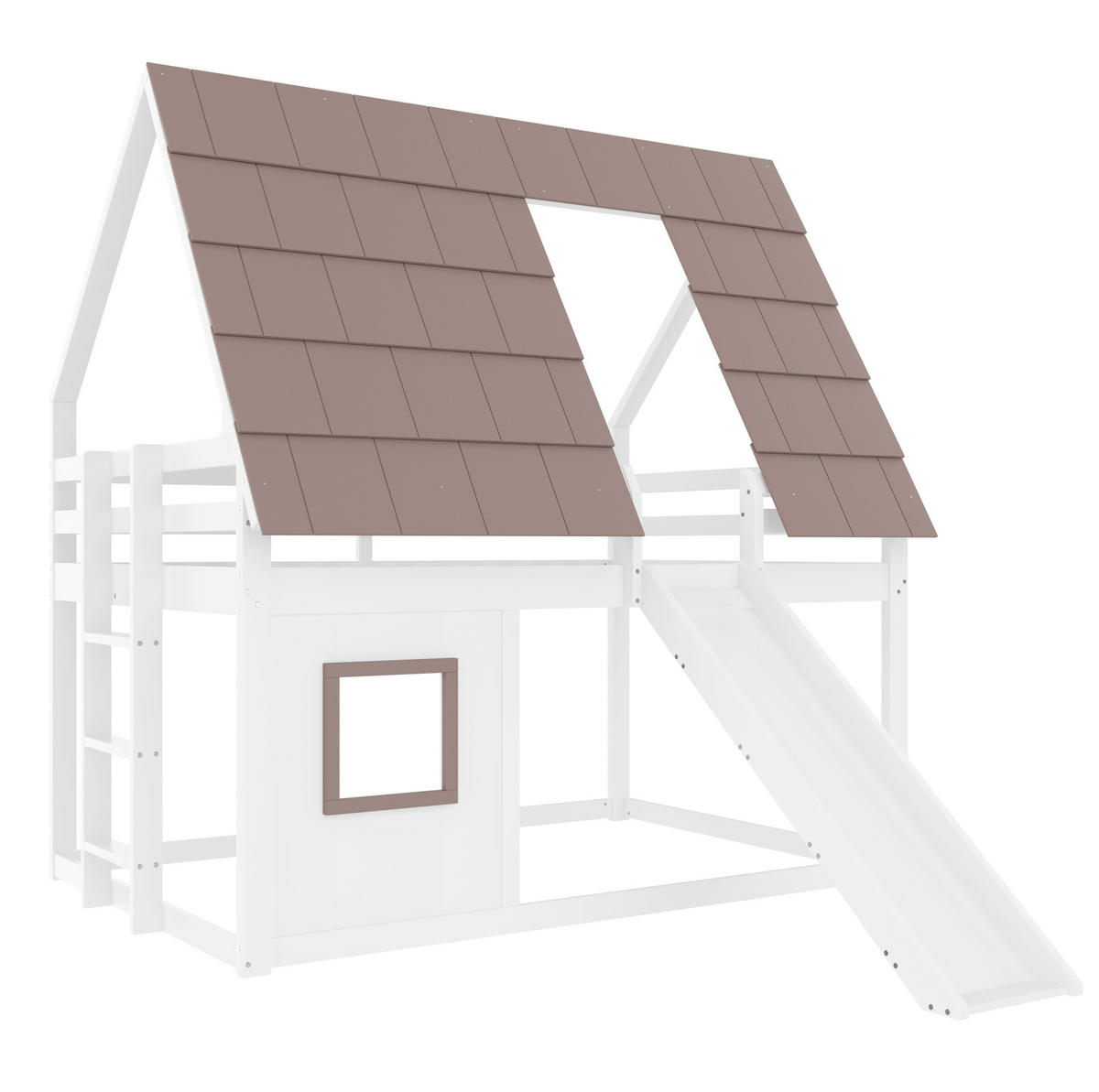 KATNI krevet od borovine i MDF-a 140x200 cm bijelo-smeđi s krovom, ljestvama i toboganom - smeđa, drvni materijal (140/200cm) - Modfu