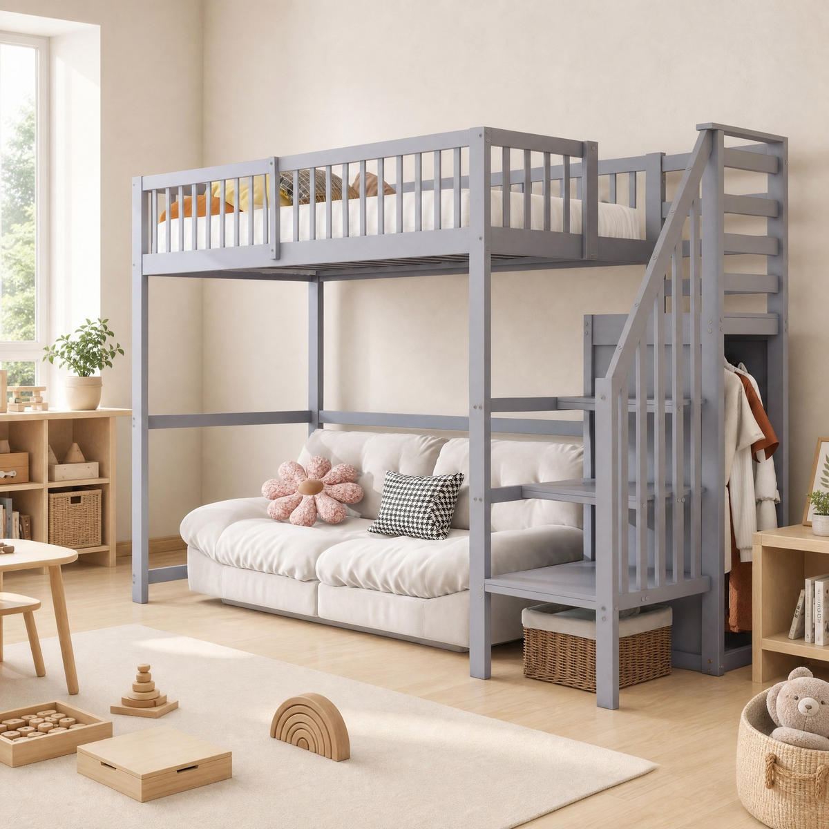 HOCHBETT 90/200 mit Treppe, Kleiderschrank und Aufbewahrungsregal in Grau - Grau, Holz/Holzwerkstoff (90/200cm) - EVRYAE