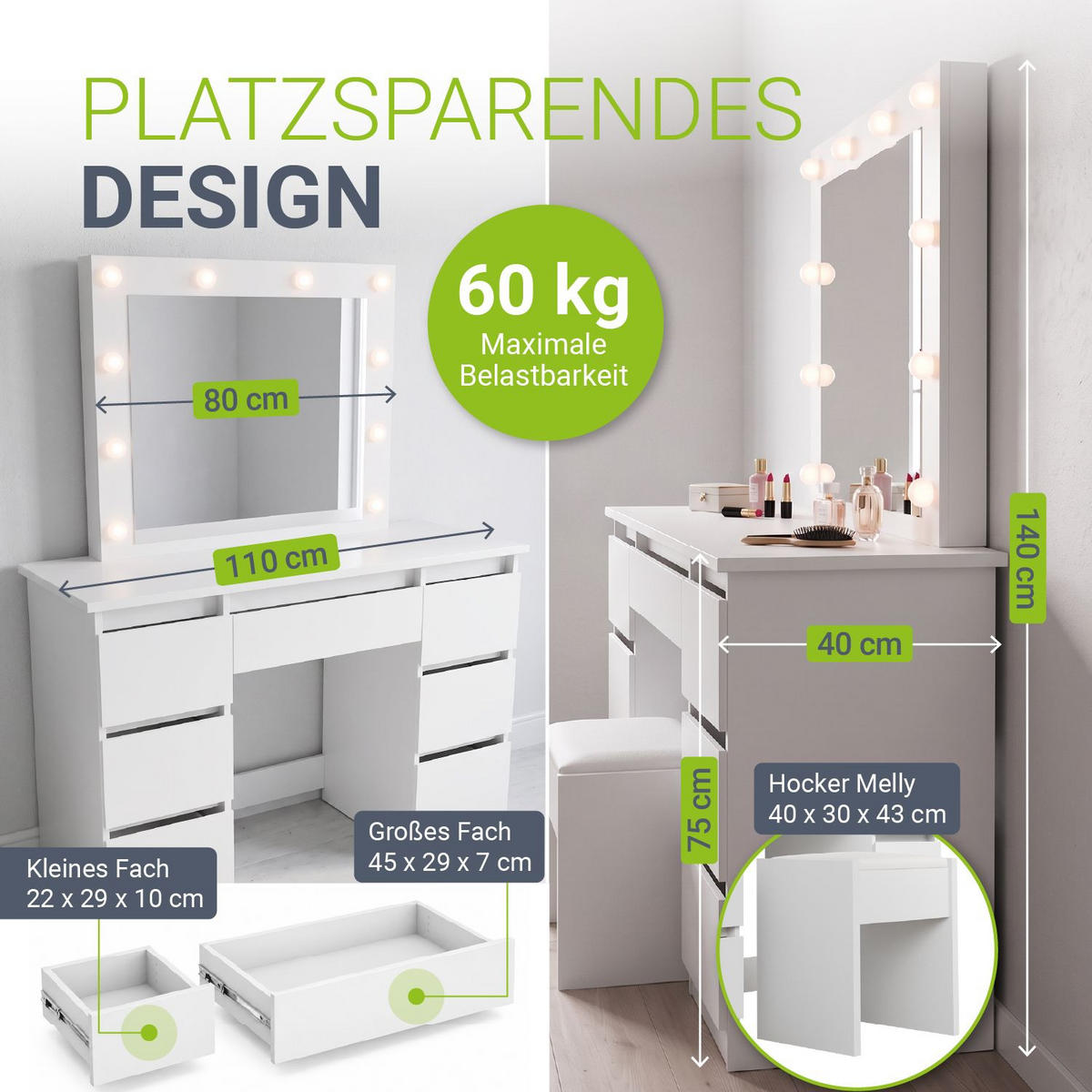 SCHMINKTISCH Talea mit LED (3 Lichtstufen) inkl Hocker Melly - Weiß, Holz (110/141/40cm) - Juskys