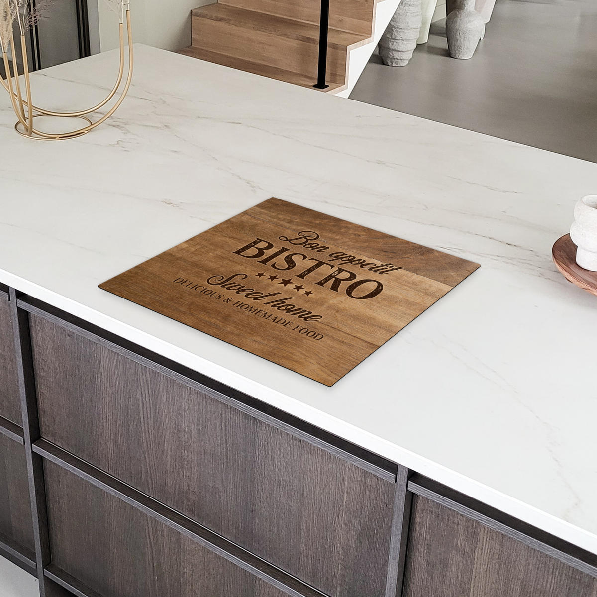 HERDABDECKPLATTE Zitat - Bistro - Guten Appetit - Süßes Zuhause - Holzmaserung Abdeckung Ceranfeld 57.6x51.6 cm - Braun, Kunststoff (57.6/51.6/0.2cm) - MuchoWow