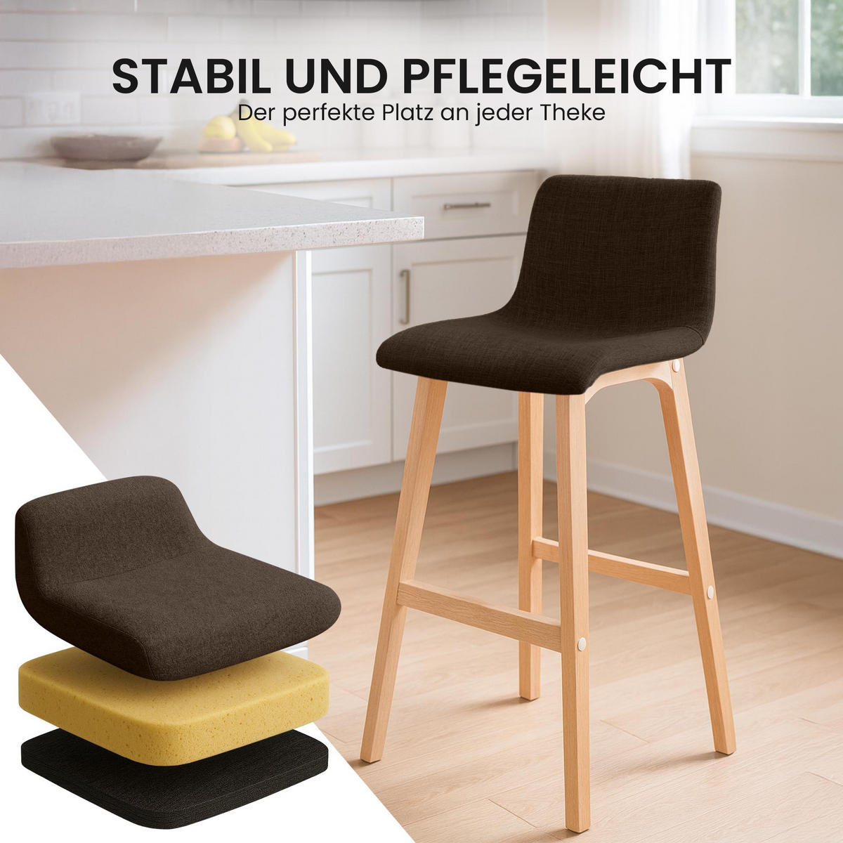 BARHOCKER 2er Set Stoff braun - Eukalyptusholzfarben/Braun, Holz/Textil (41/102/46cm) - CLP