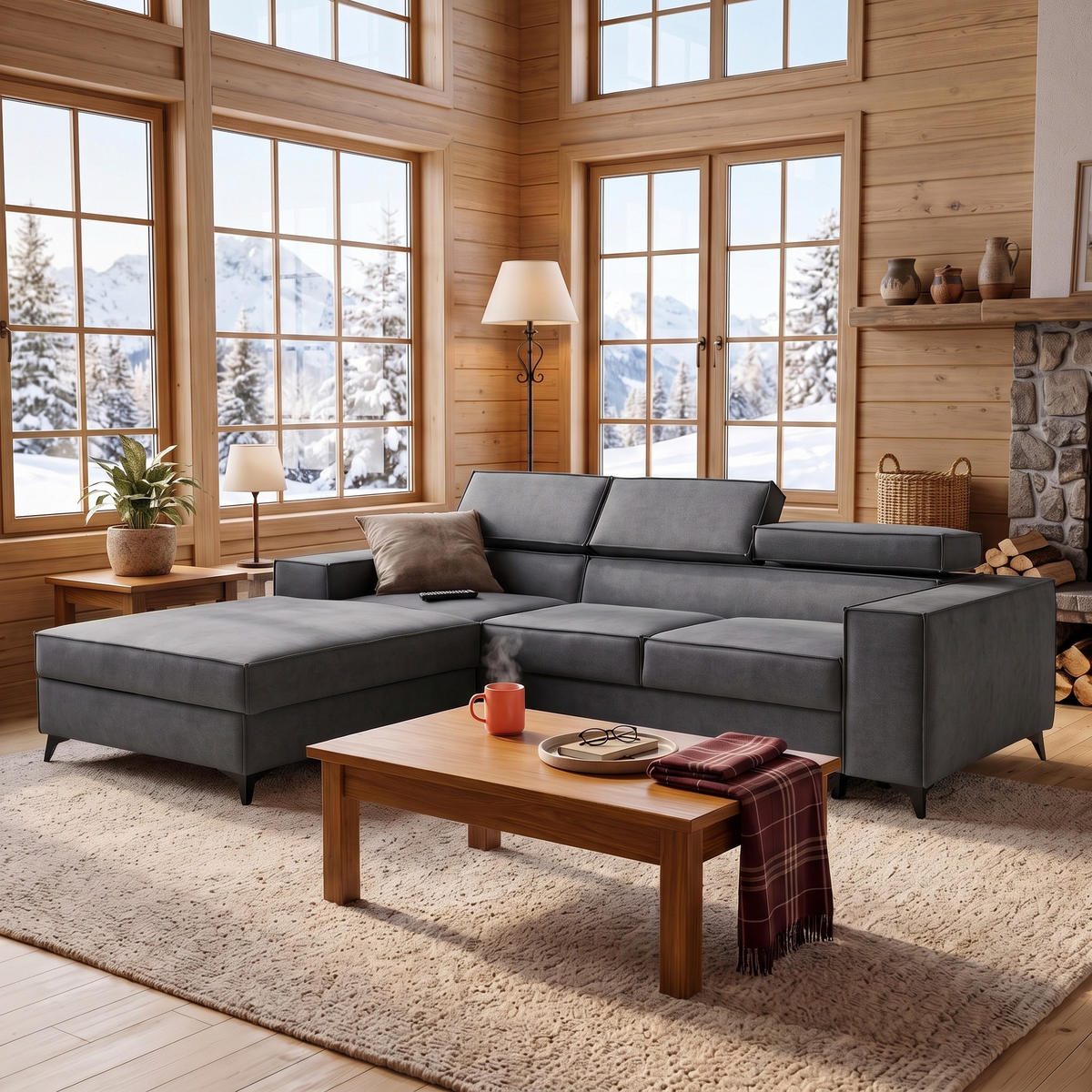 ECKSOFA PURE S Links mit Schlaffunktion 127x215 Velours Grau - Schwarz/Grau, Holz/Textil (281/204cm) - Muffo