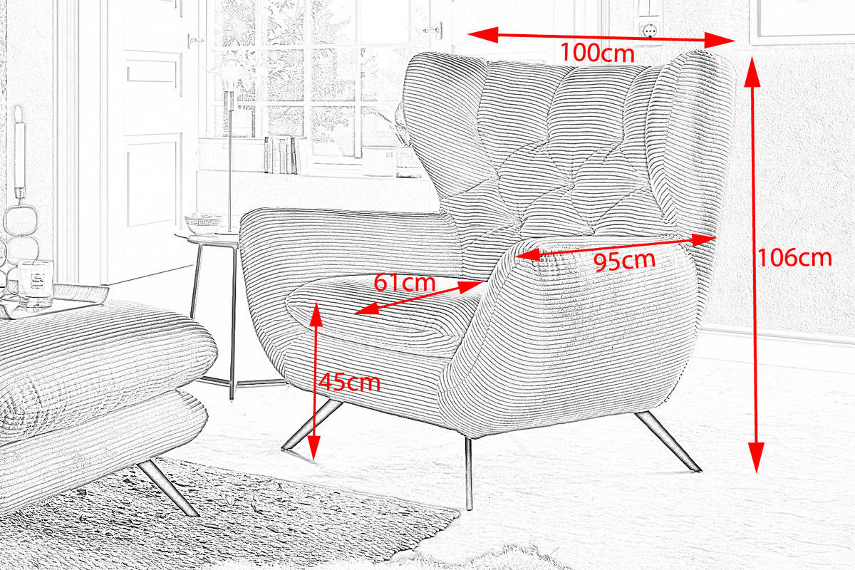 SESSEL CHARME Granit Cord - Greige/Schwarz, Textil/Metall (100/106/95cm) - KAWOLA