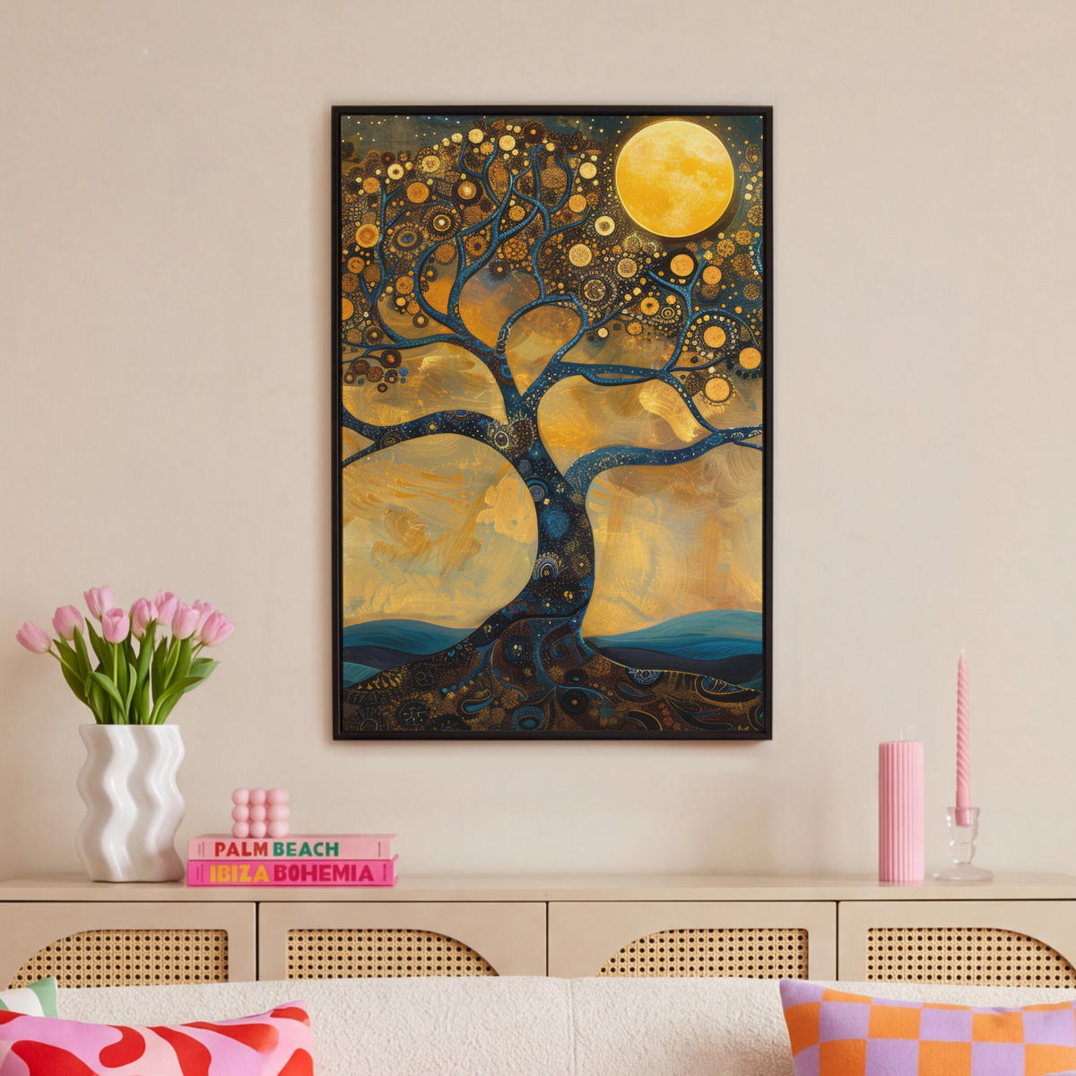 LEINWAND Bilder mit Rahmen - Baum - Mond - Blumen - Gold - Kunst - 60x90 - Orange, Textil (60/90cm) - MuchoWow
