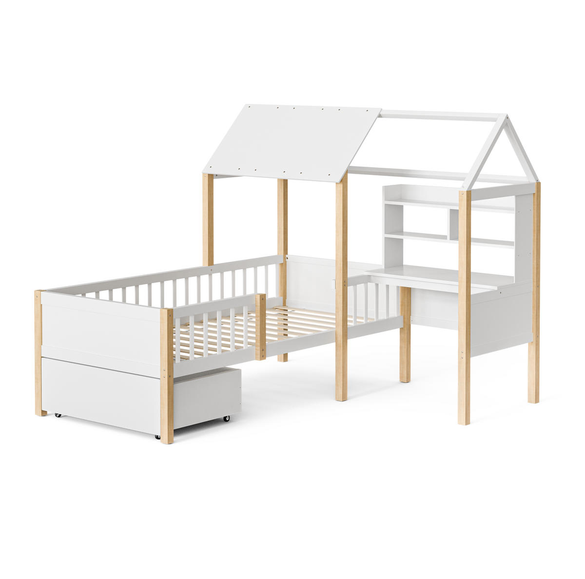 HAUSBETT aus 90x200 cm Weiß mit Schreibtisch, Bücherregal, Rollschubladen und Rausfallschutz - Weiß, Holzwerkstoff (90/200cm) - Modfu