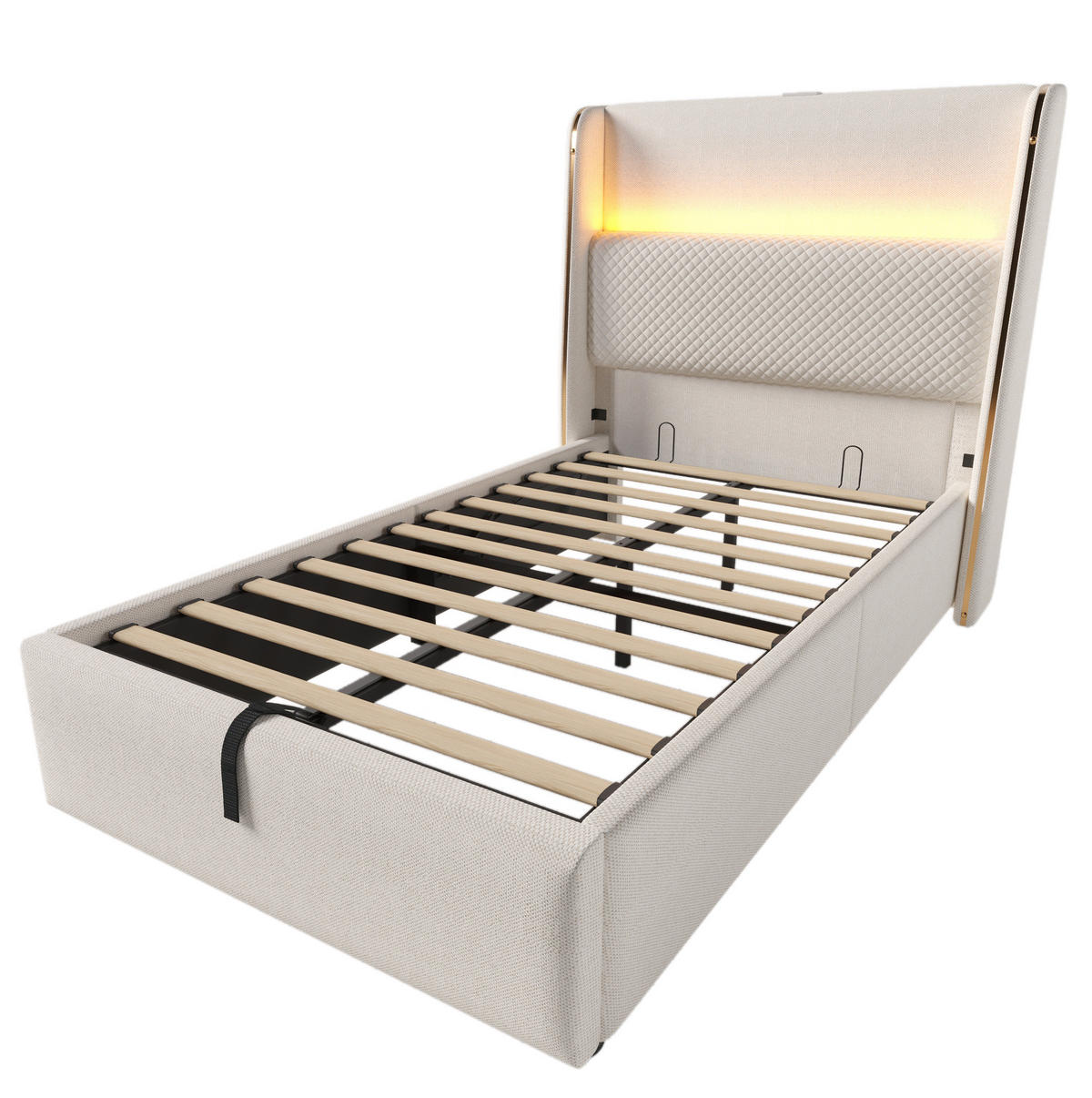 ČALOUNĚNÁ postel 90/200 cm béžová z lnu s LED osvětlením USB-C a úložným prostorem - béžová, textil (90/200cm) - OKWISH