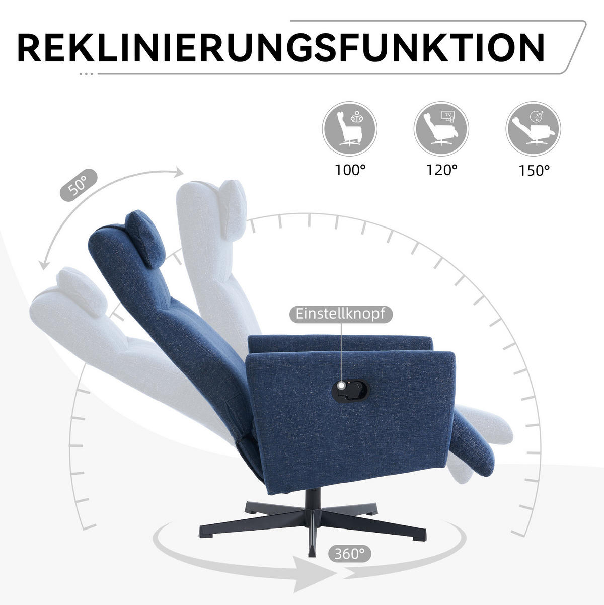 RELAXSESSEL Chenille mit Liegefunktion und 360° Drehfunktion 67/80.5/110 cm Blau - Blau, Textil (80.5/110/67cm) - Redom
