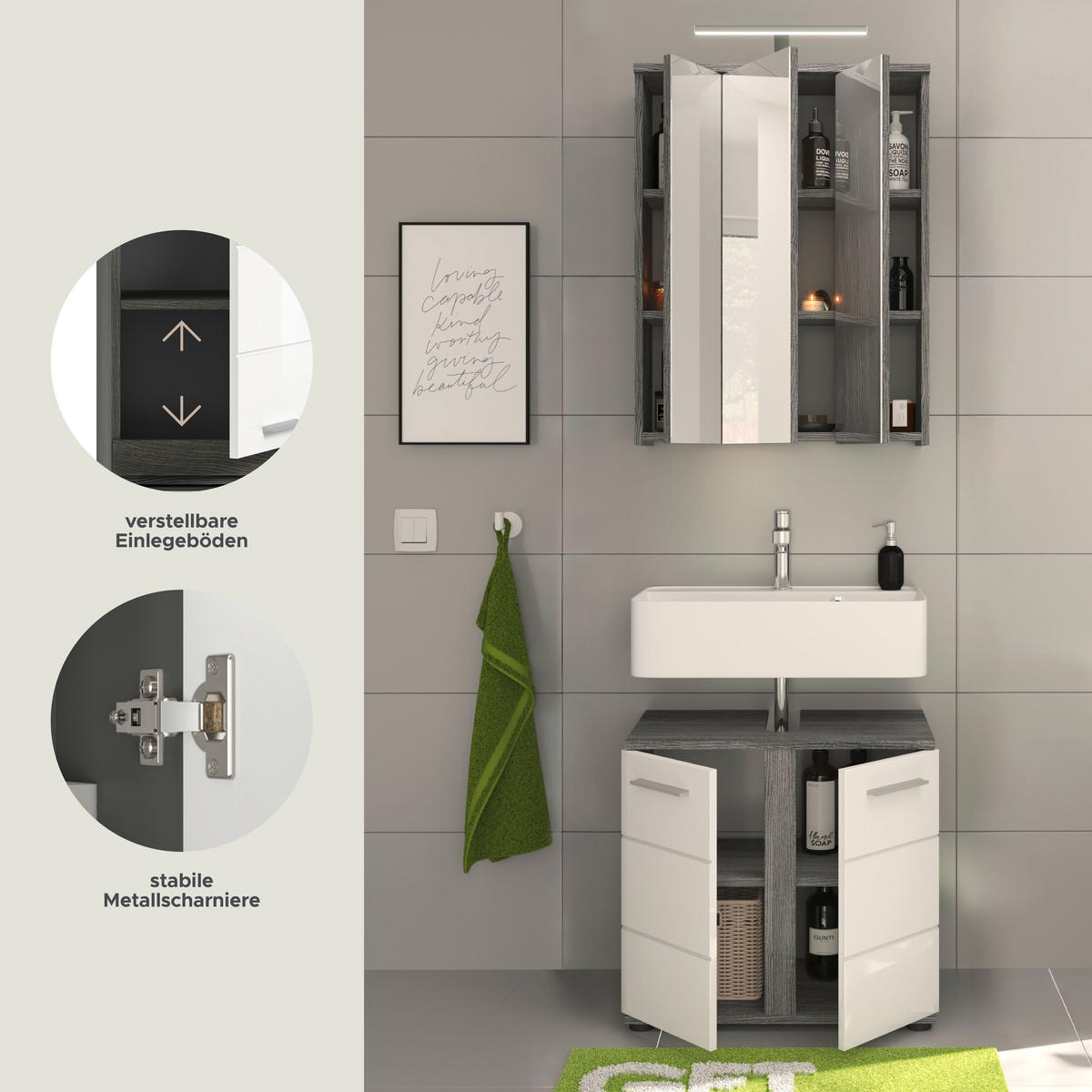 BADKOMBINATION 2tlg. inkl. Beleuchtung Blake Bad in Rauchsilber Nb. und weiß HG B/H/T: 60x191x34 cm - Anthrazit, Holz (64/191/34cm)