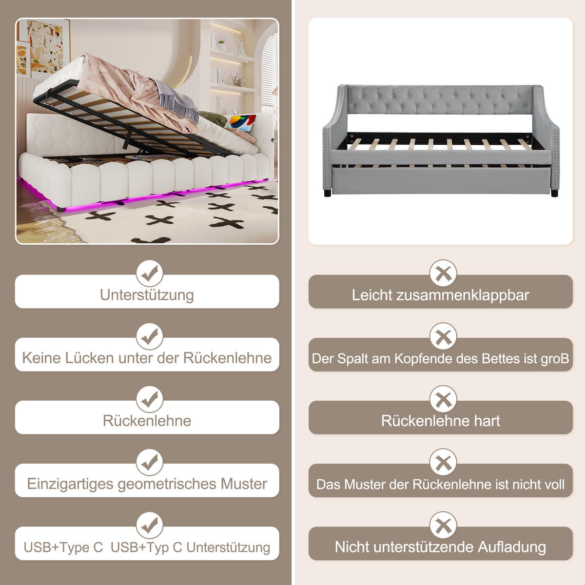 TAGEBETT 140x200cm Weiß Vliesimitat LED-Licht Hydraulik USB-C - Weiß, Holz (140/200cm) - FLIEKS