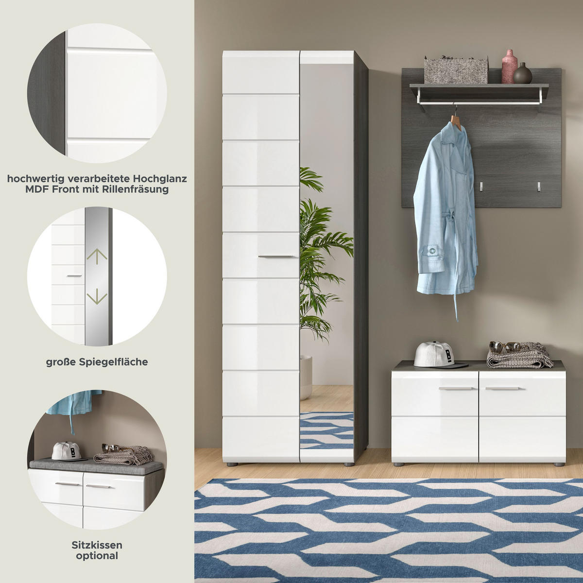 GARDEROBENKOMBINATION Salsa 155x192x37 cm Rauchsilber Weiß 3tlg. - Silberfarben, Holz (155/192/37cm)