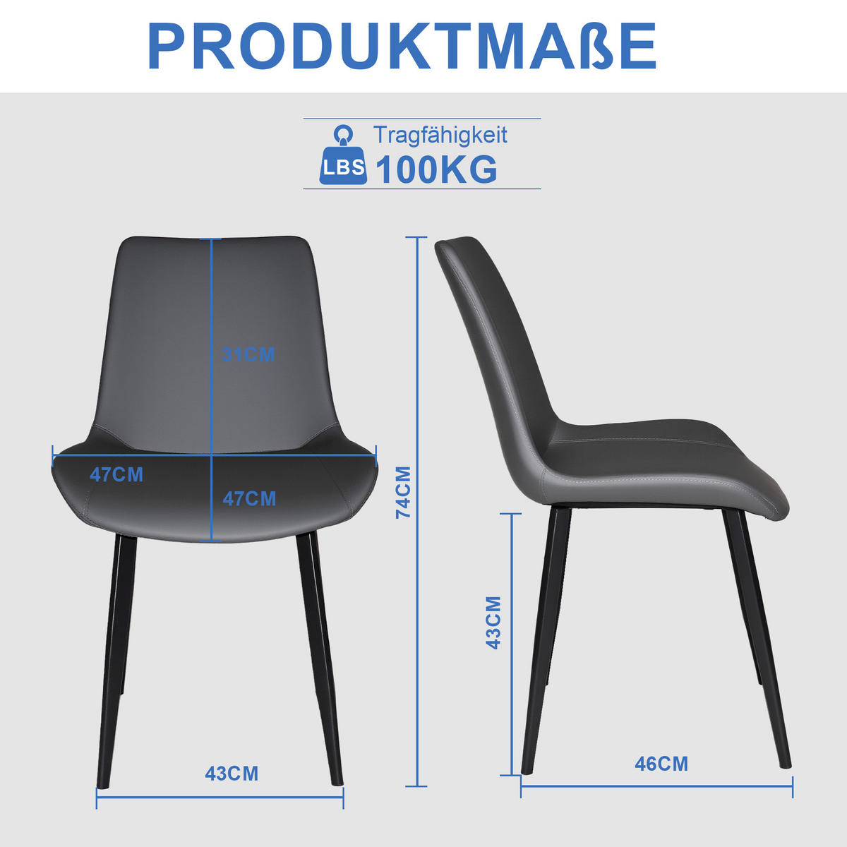 STUHL-SET DE-36246 4 Stück mit Kunstlederbezug Grau - Grau, Metall (44/84/41cm) - ComfortXL