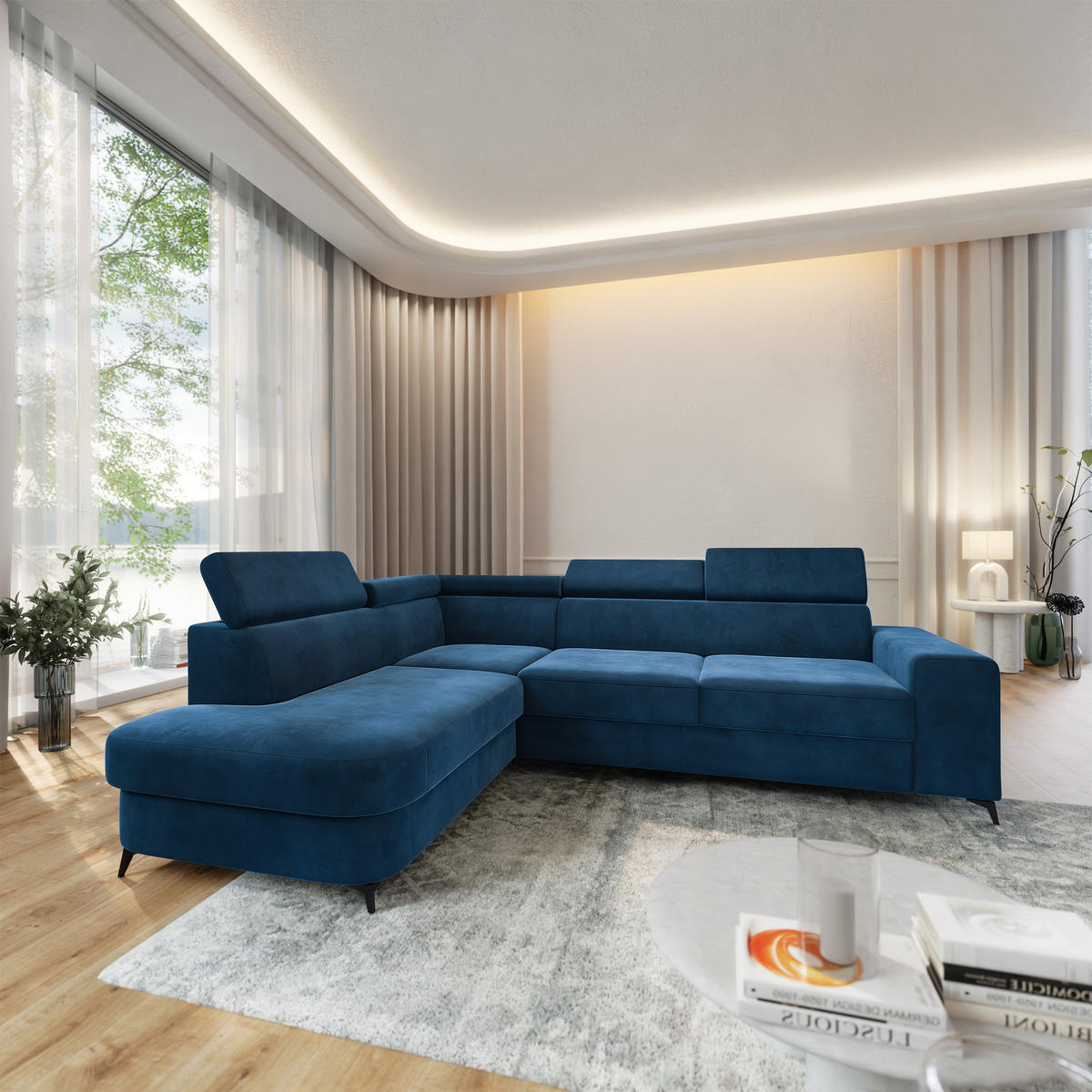 ECKSOFA ALVORO L-S Blau Velours-Stoff mit Schlaffunktion - Blau, Holz (253/190cm) - MASSENO