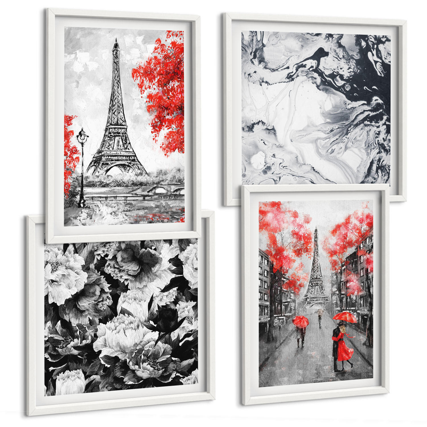 BILDER SET 4er Set - 50x50 cm & 40x60 cm Weißer Rahmen - graue Gemälde des Eiffelturms - Weiß, Kunststoff (50/50cm) - TULUP