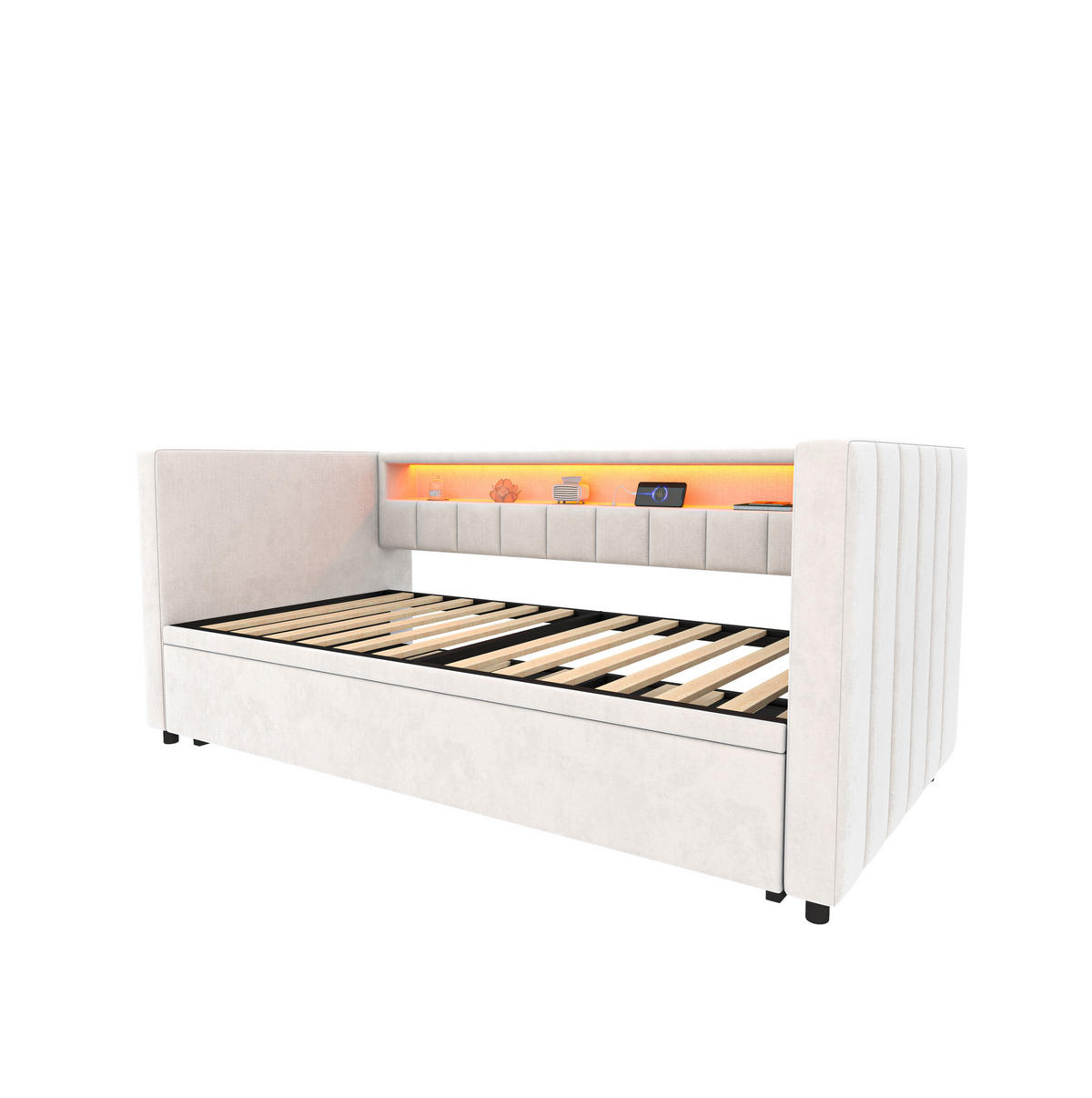 SCHLAFSOFA 90/190 cm mit Ausziehbett, LED-Beleuchtung, USB-Type-C und Samtbezug, Beige - Beige, Textil (201/73/100cm) - Redom