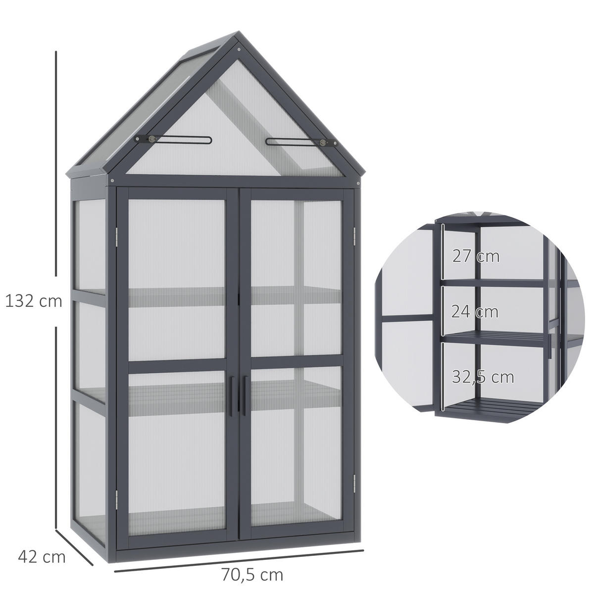FRÜHBEET mit 3 Ebenen, wetterfest, mit Doppeltüren, Polycarbonat, Natur - Grau, Kunststoff (42/132/70.5cm) - Outsunny
