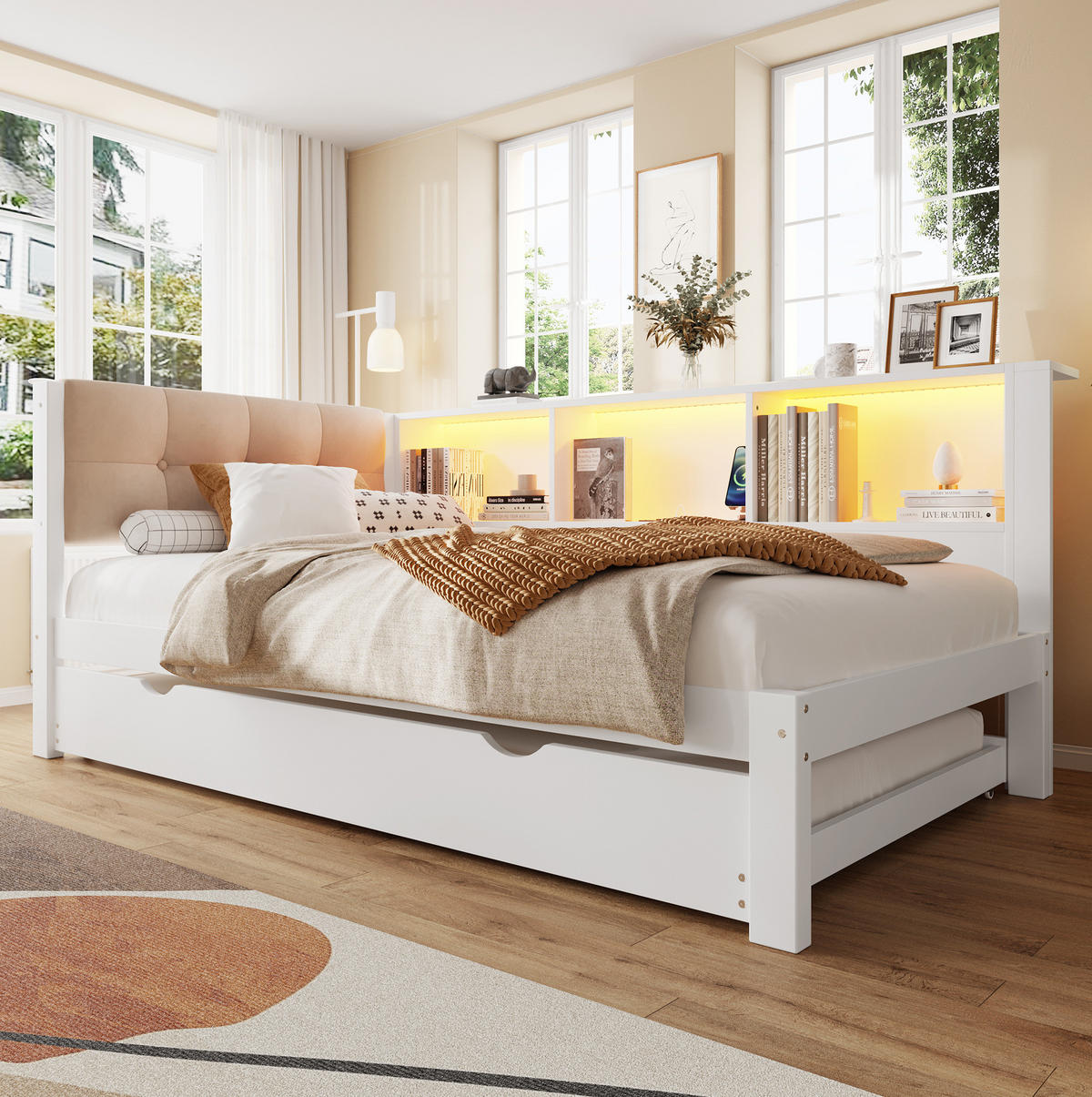 POLSTERBETT aus Kiefernholz 90x200 cm in Weiß mit Ausziehbett, LED & USB - Weiß, Holz (90/200cm) - Modfu