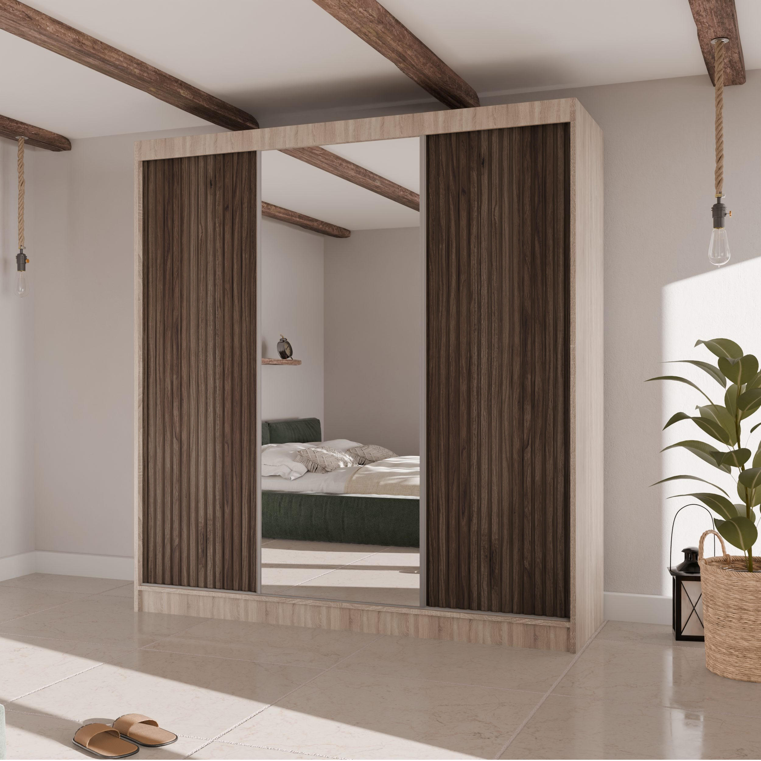 SCHWEBETÜRENSCHRANK Ramos II 200/61/215 eiche sonoma+holzfarben - Eichefarben/Sonoma Eiche, Holzwerkstoff (200/215/61cm) - Beautysofa