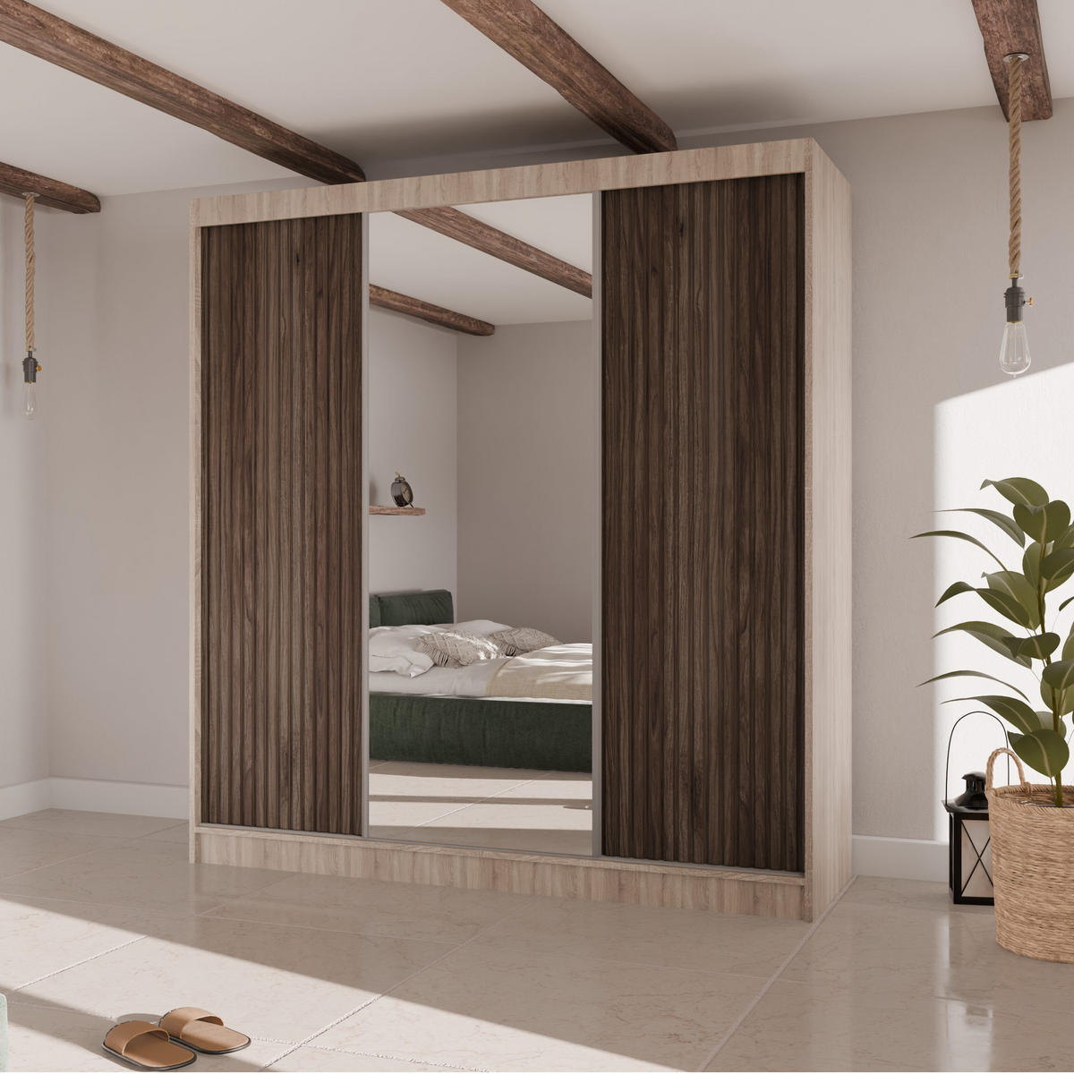 SCHWEBETÜRENSCHRANK Ramos II 200/61/215 eiche sonoma+holzfarben - Eichefarben/Sonoma Eiche, Holzwerkstoff (200/215/61cm) - Beautysofa