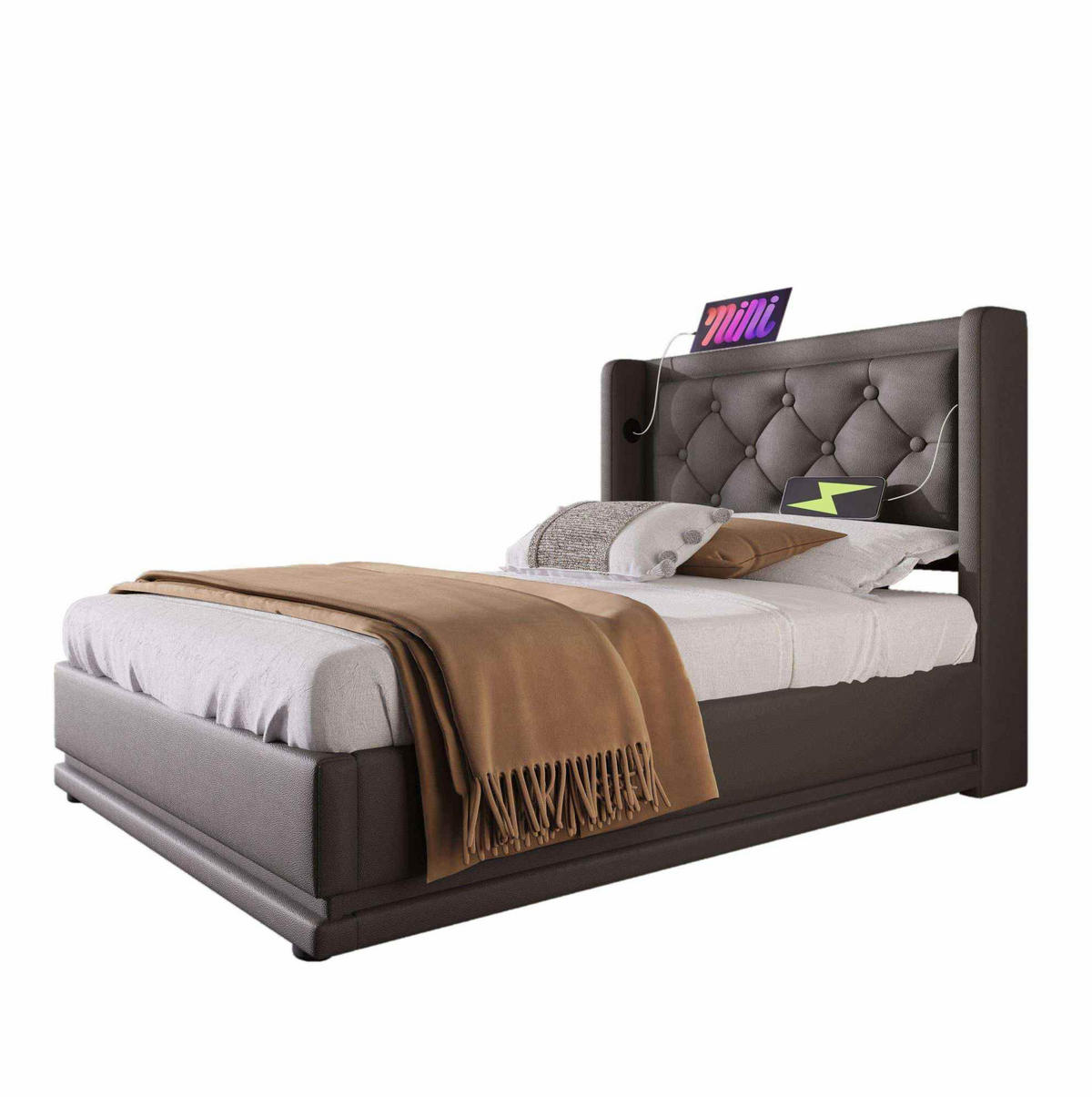POLSTERBETT 90/200 cm Schwarz PU mit hydraulischem Stauraum und USB-Anschlüssen - Schwarz, Kunststoff (90/200cm) - OKWISH