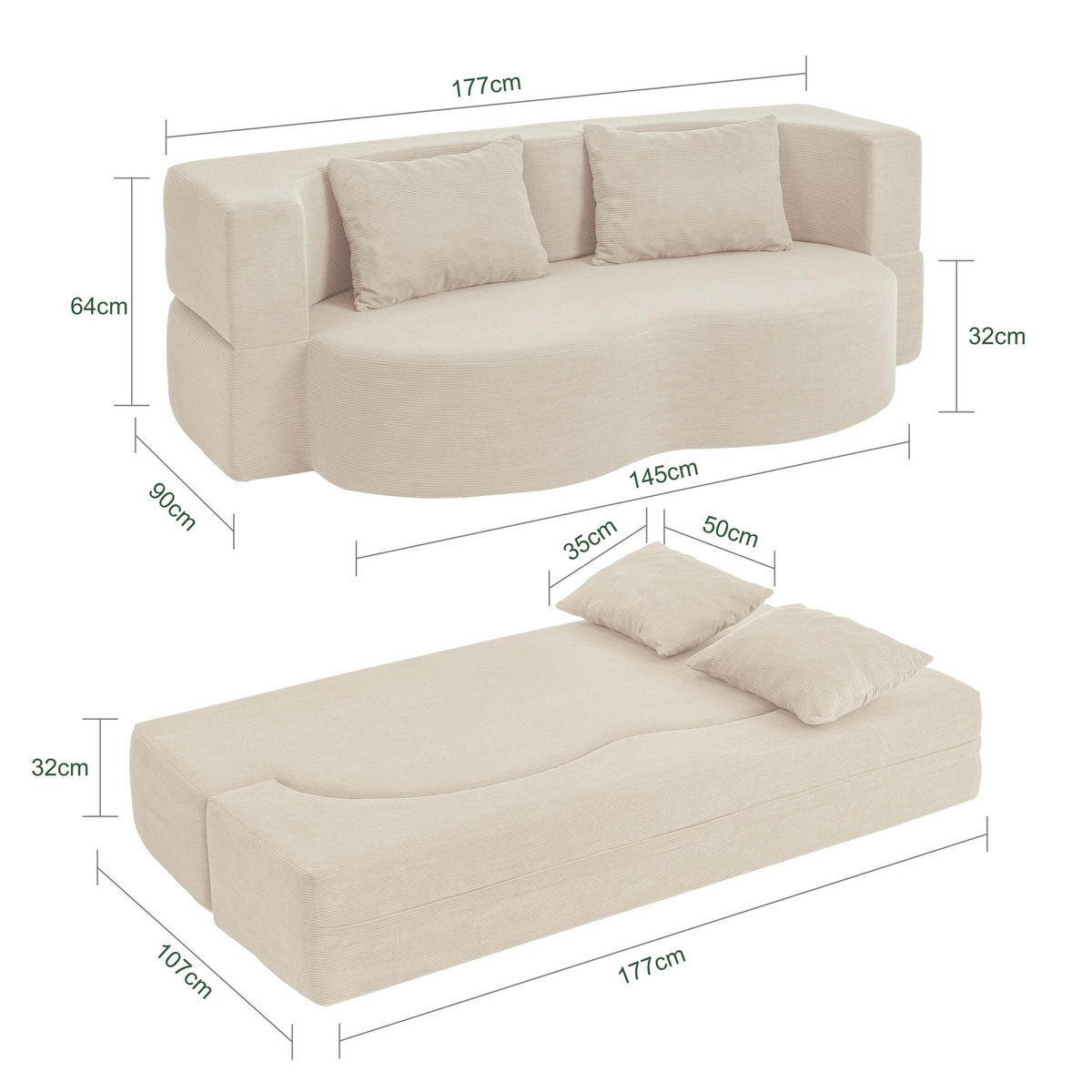 SCHLAFSOFA mit Bettfunktion und waschbarem Cordbezug FST101-MI - Beige, Textil/Metall (177/32/107cm) - SoBuy