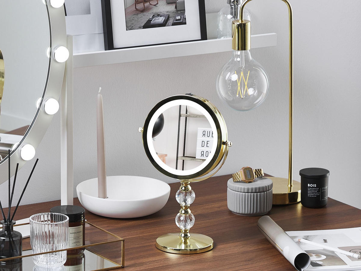 KOSMETIKSPIEGEL gold mit LED-Beleuchtung 18 cm Claira - Goldfarben, Glas (18/34/13cm) - Beliani