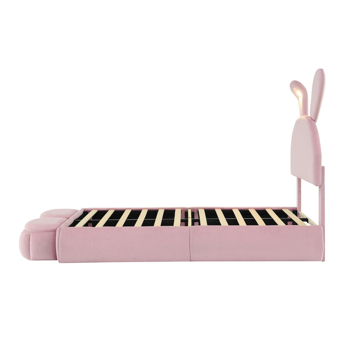 POLSTERBETT 90x200 mit LED-Hasenohren, rosa Samt, verstellbarem Kopfteil, Aufbewahrungshockern, stabiler Holzlatten-Basis Kinderbett, rosa - Rosa, Textil (90/200cm) - Luhomfu