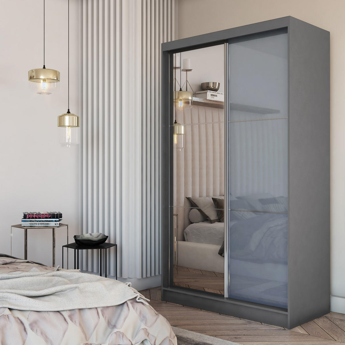 SCHWEBETÜRENSCHRANK VITALE 120/216/61 cm 2-türig mit Spiegel Grau - Grau, Holzwerkstoff (120/216/61cm) - MASSENO