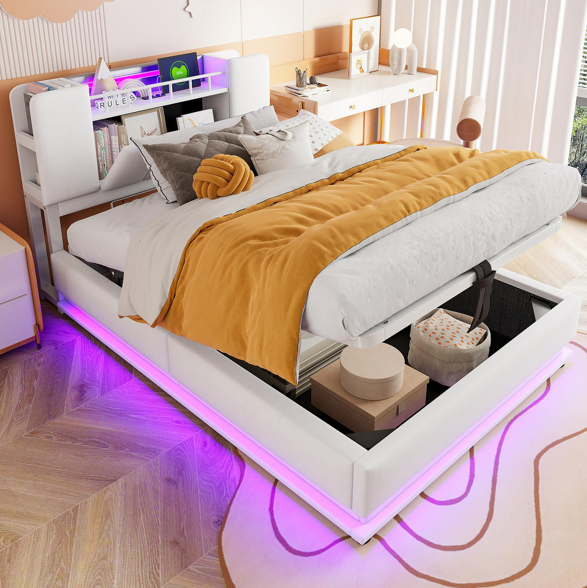 POLSTERBETT 90/200 cm mit LED-Beleuchtung, USB-Anschluss und Bettkasten - Beige, Textil (90/200cm) - BEAOK