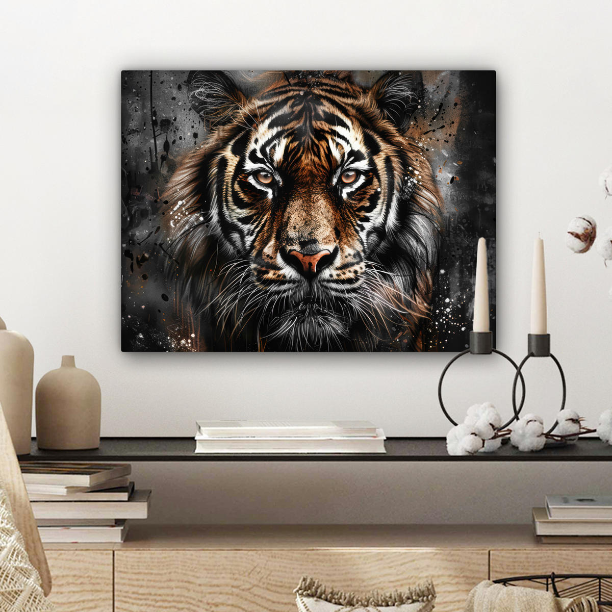 LEINWANDBILD Tiger - Tiere - Porträt - Luxus - Schwarz Wandbild 40x30 cm - Anthrazit, Textil (40/30cm) - MuchoWow