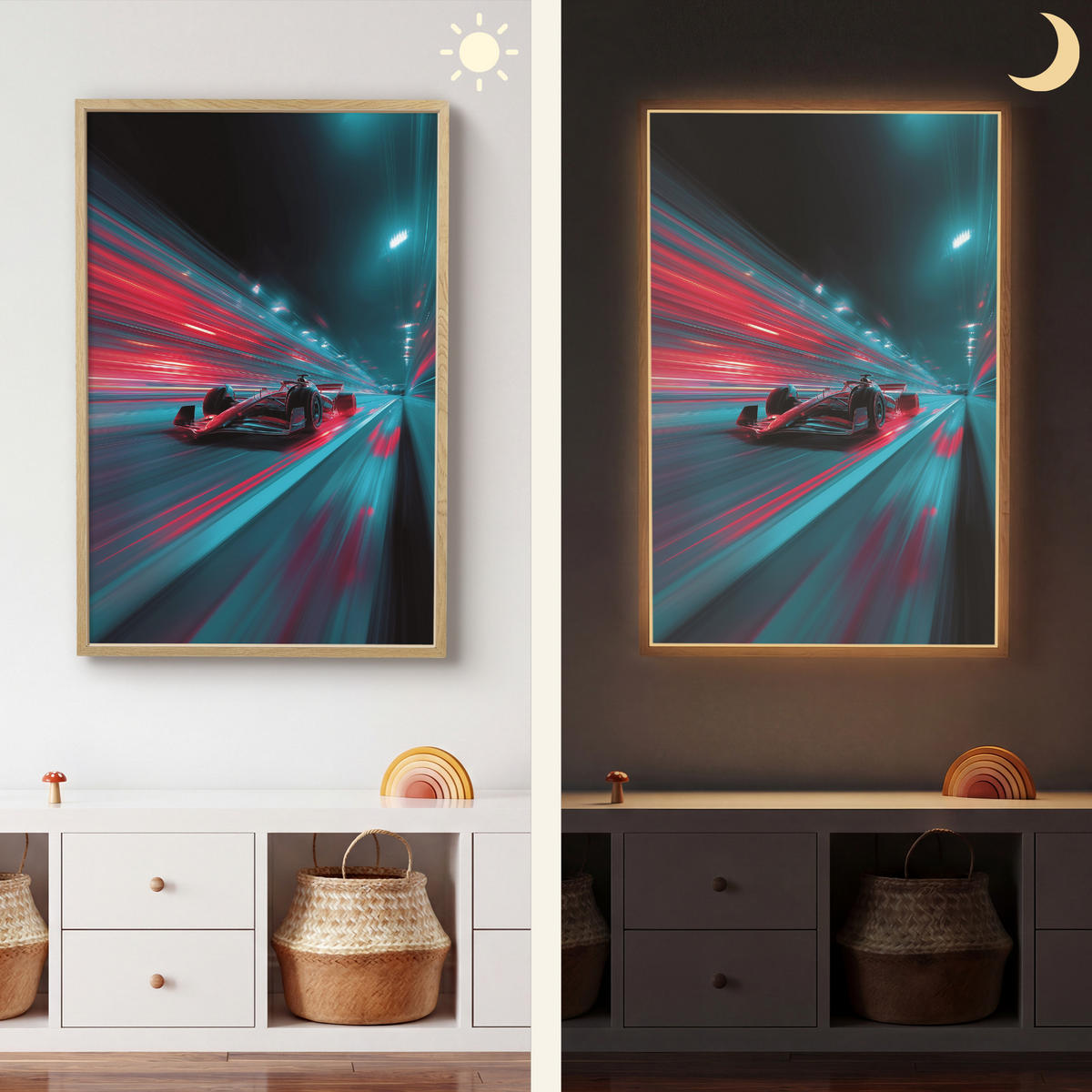 NÁSTĚNNÁ LAMPA S AKUMULÁTOREM Závodní auto - Červená - Rychlost 70x100 cm - tyrkysová, kompozitní dřevo (70/100/8cm) - OnlyWow