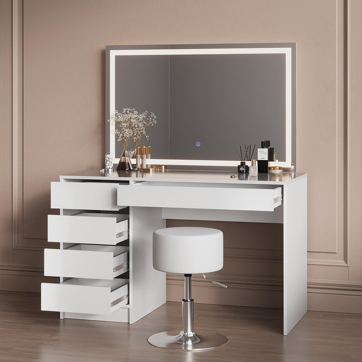 SCHMINKTISCH Imola Weiß mit LED-Spiegel und Hocker - Weiß, Holzwerkstoff (120/75/55cm) - Livinity®
