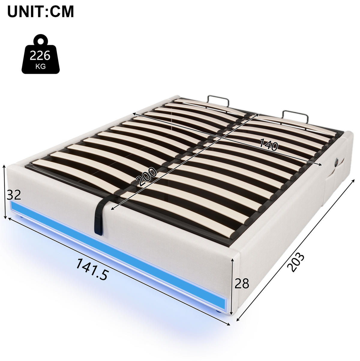 TAPECIRANI krevet 140/200 cm s LED osvjetljenjem, USB i Type-C priključkom te hidrauličnim pretincem, Bež - bež, tekstil (140/200cm) - Redom