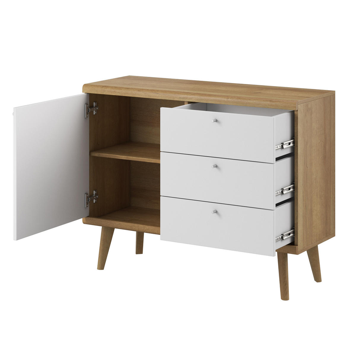 KOMMODE PRIMARIO 107/83/40 cm mit 3 Schubladen 1 Türen Eichefarben - Eichefarben/Weiß, Holzwerkstoff (107/83/40cm) - MASSENO