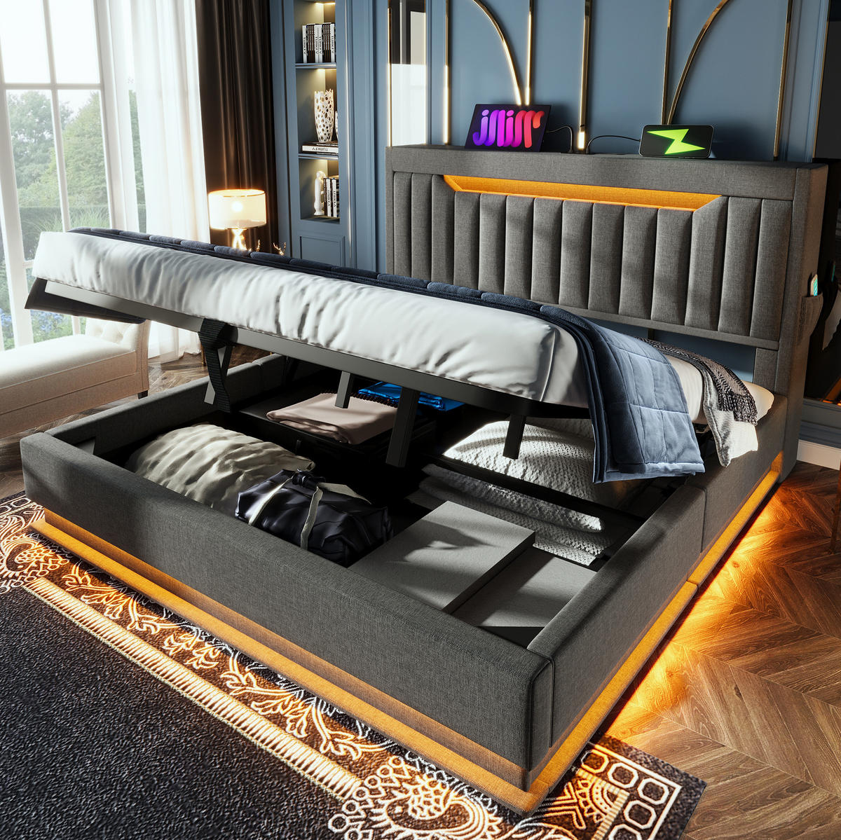 POLSTERBETT mit Stauraum, LED und USB 160x200 cm Leinen Grau - Grau, Metall (160/200cm) - Meubliv