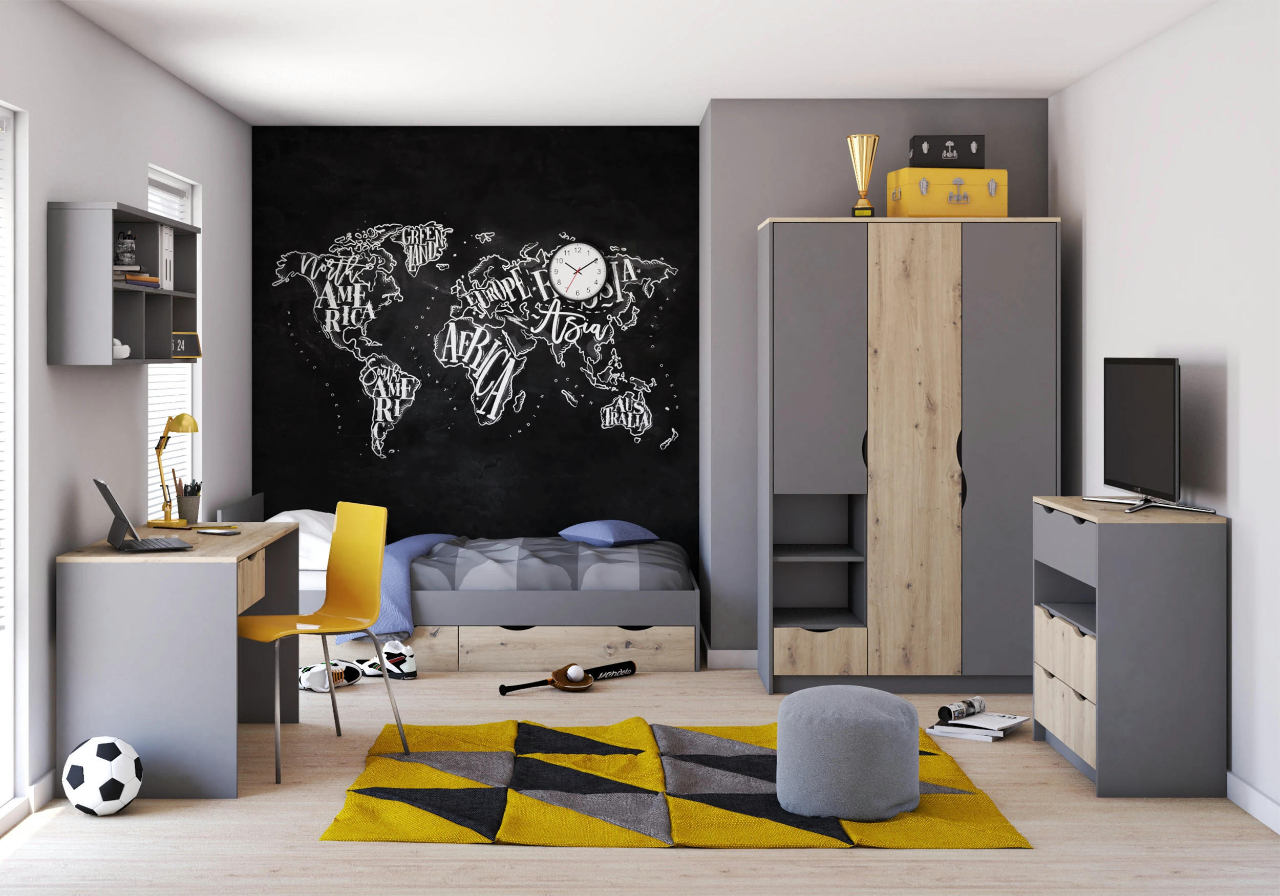 JUGENDZIMMER Zamiro in Grau mit Artisan Eiche 5 teilig - Kinderzimmer Komplettset - Grau, Holzwerkstoff (80/200/120cm)
