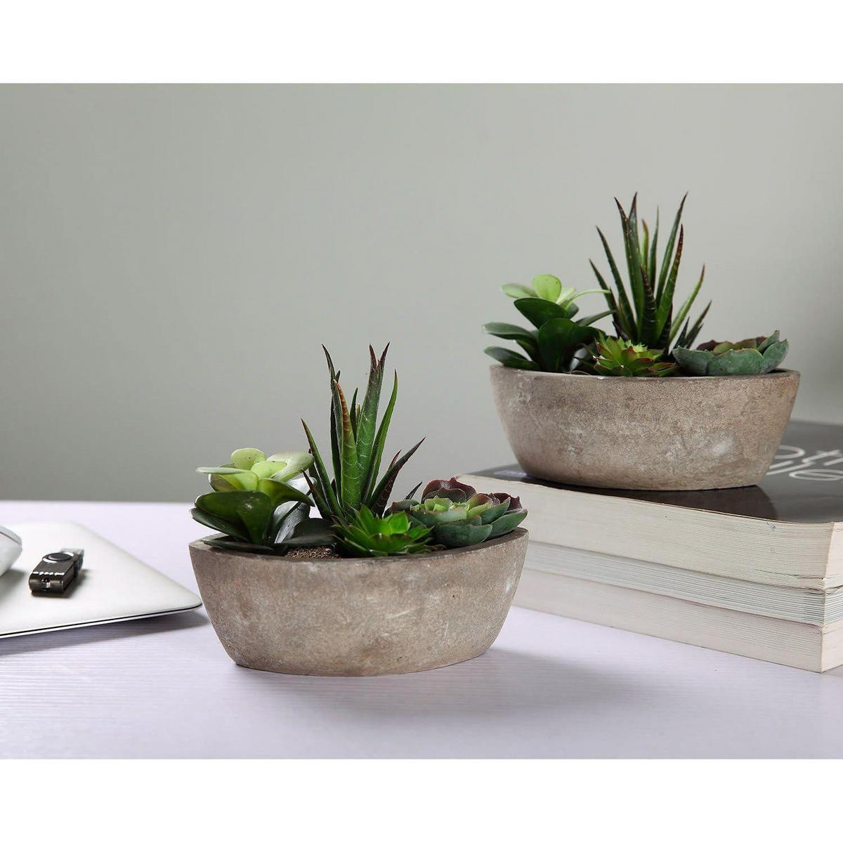 KUNSTPFLANZEN-SET Sukkulenten Grün 2-teiliges Set Beton-Optik - Grün, Kunststoff (14cm)