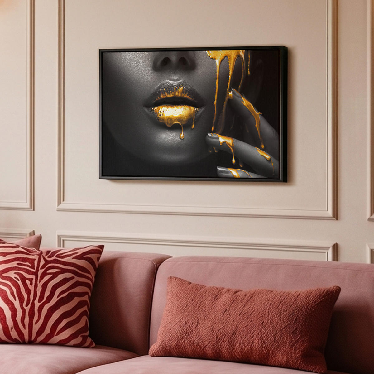 LEINWAND Bilder mit Rahmen - Frau - Schwarz - Gold - Gesicht - Lippen - 60x40 - Goldfarben, Textil (60/40cm) - MuchoWow