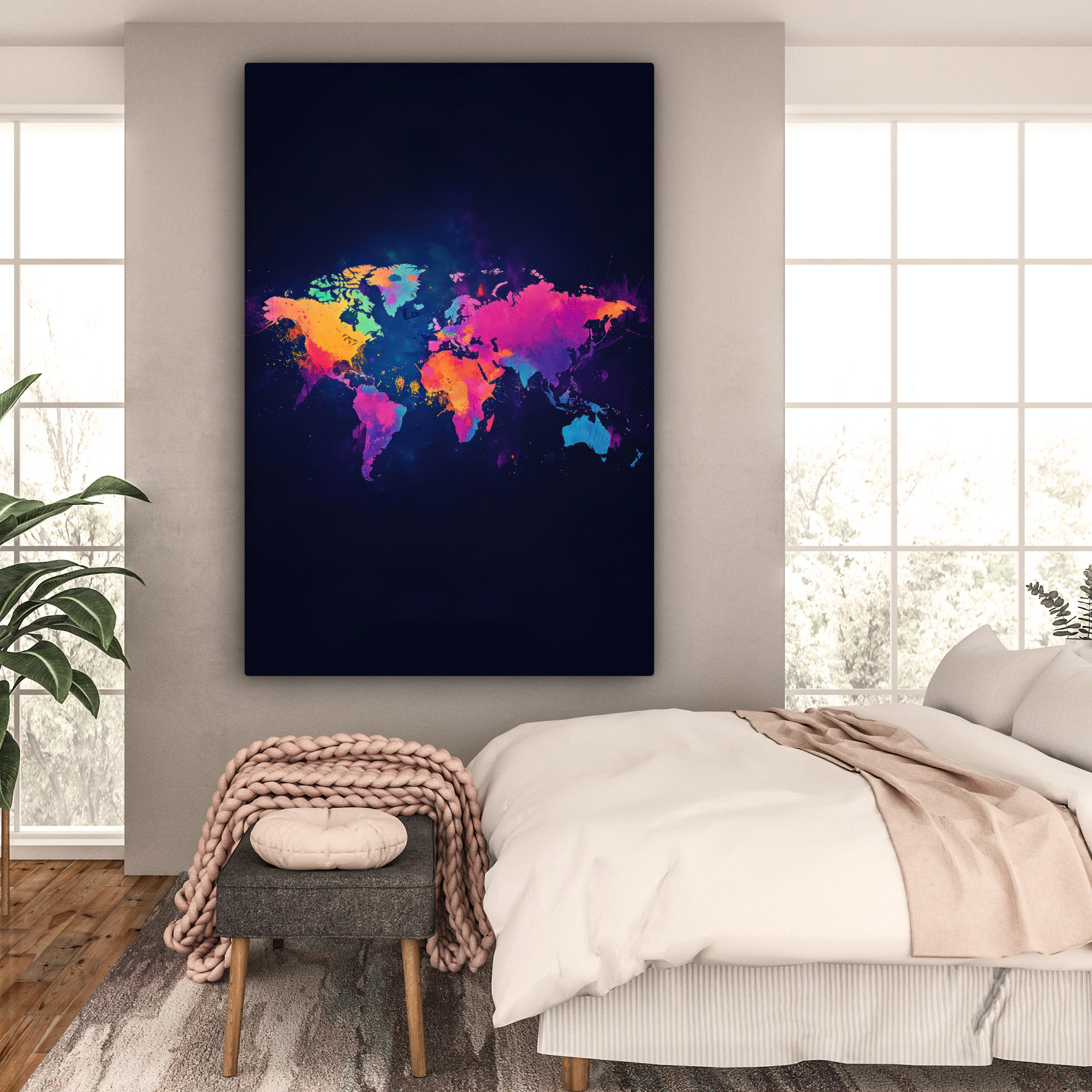 LEINWANDBILD Weltkarte - Bunt - Graffiti 90x140 cm - Multicolor, Textil (90/140cm) - MuchoWow